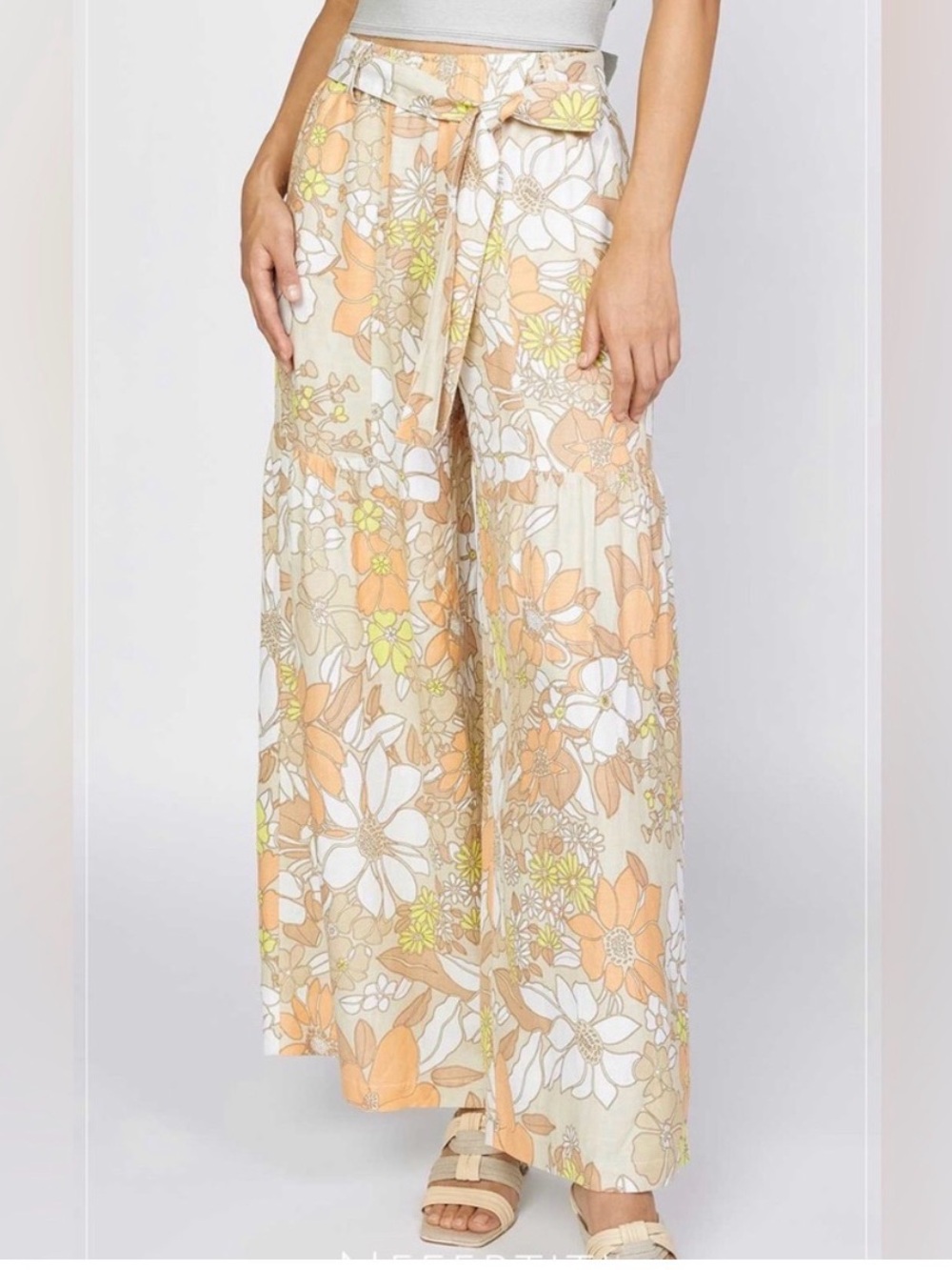 Current Air Sand‎ Floral Linen Blend Wide Leg Tiered Pants Small